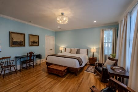 The Oaks Bedroom #1 with King Bed, En Suite Full Bathroom with Separate Tub and Separate Shower, Desk Area, Ceiling Fan and Separate Sitting Area