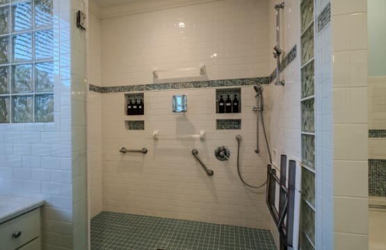 The Oaks Bathroom #1 En Suite with Dual Vanities, Zero-Entry Shower, Fold-Down Shower Seat, Grab Bars, Separate Tub and Make-Up Vanity